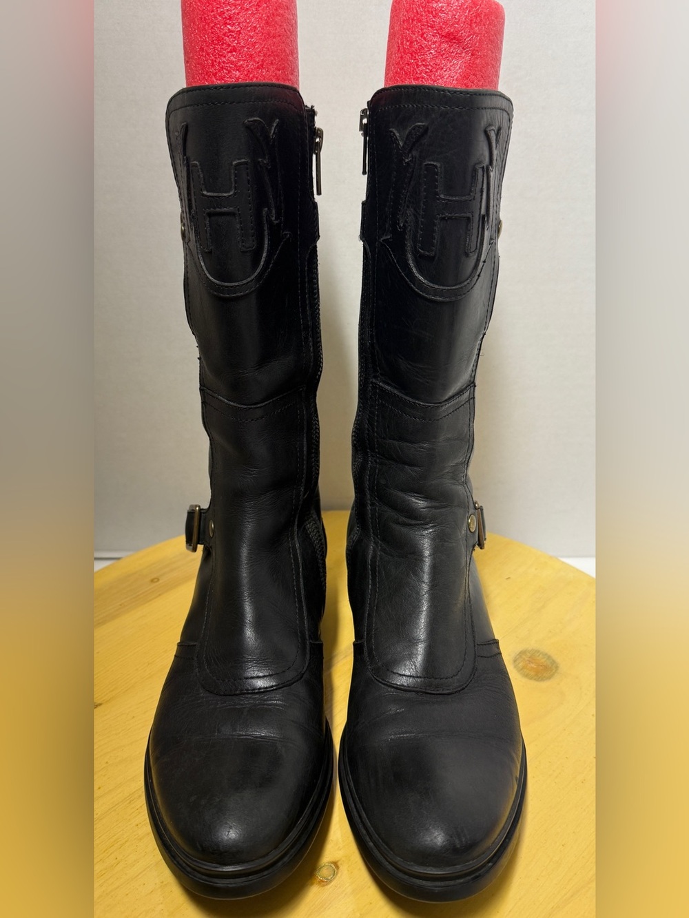 Hunter Wilm Women Black Leather Mid Calf Buckle Moto Biker Riding Boot RARE 7
